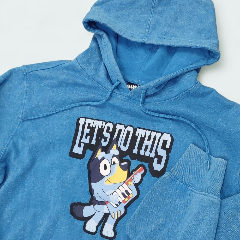 Bluey 2-Sided Graphic Hoodie Kangaroo Pocket Aqua Blue Men's M Women's L - NWT